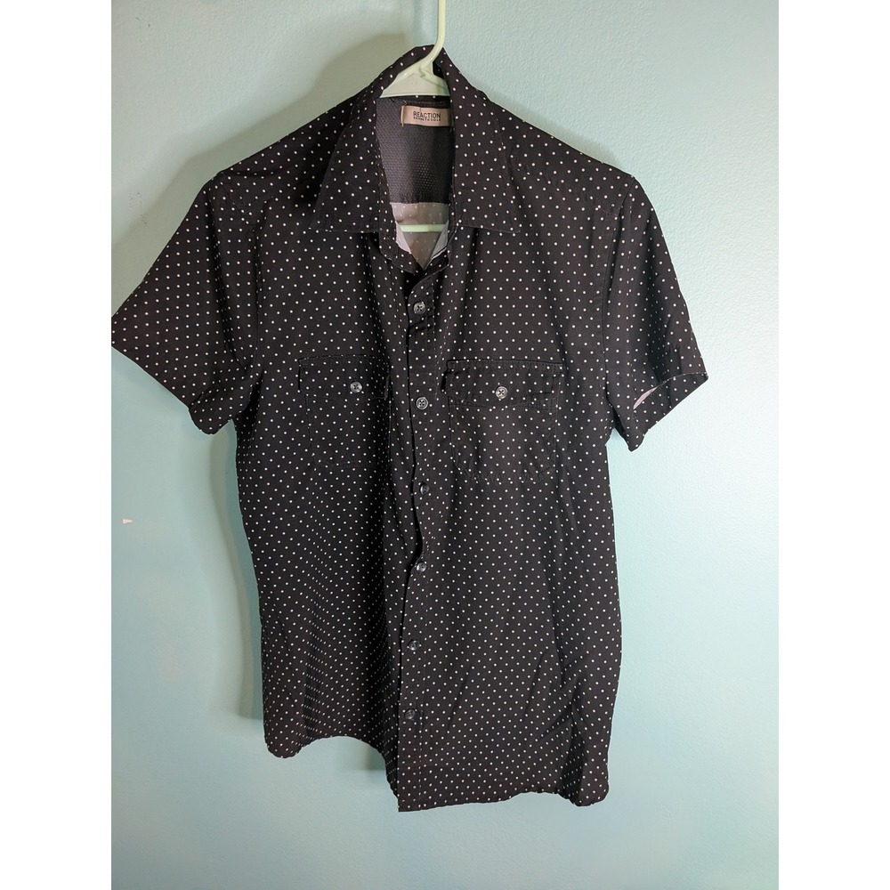 Kenneth Cole Reaction Mens Small Short Sleeve‎ Polka Dot Button Down Shirt Black
